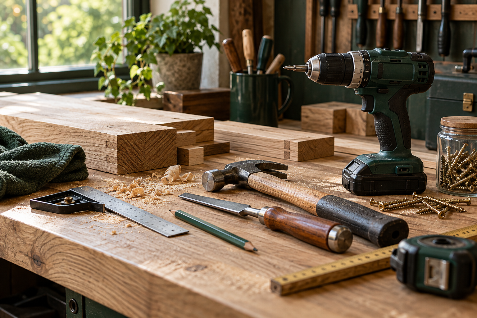 Hand tools and a cordless drill on an oak workbench